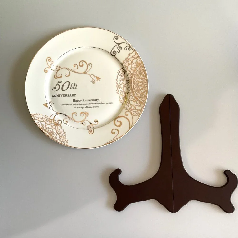 50TH ANNIVERSARY WEDDING PLATE, PORCELAIN GOLD PLATE WITH STAND 10 INCH